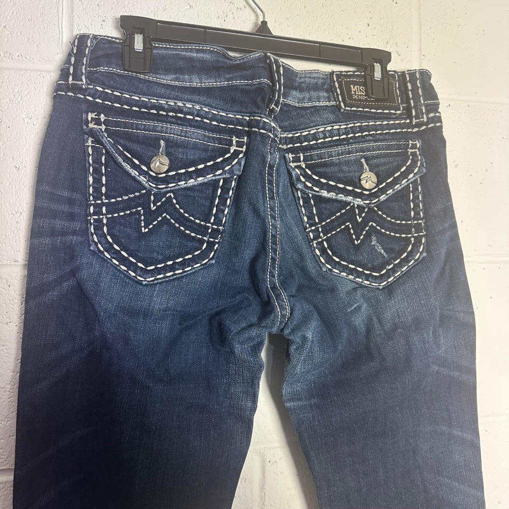 Miss Me Irene Boot Cut Jeans Dark Wash White Contrast Stitch Flap Pocket Size 34